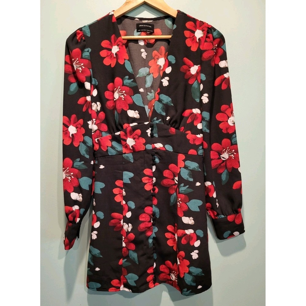 Black Red Floral Babydoll Long Sleeve Deep V Neck Mini Dress Sz M